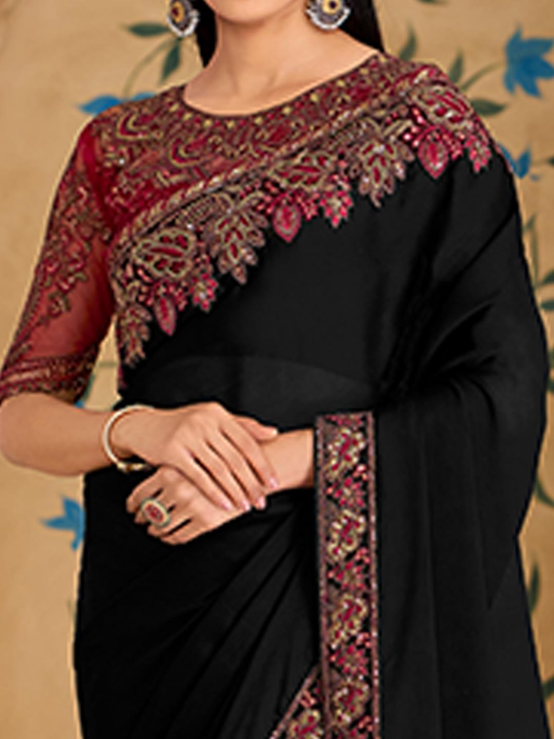 Party Perfect Black Georgette Saree with Shimmering Sequin and Thread Embroidery - Image 5
