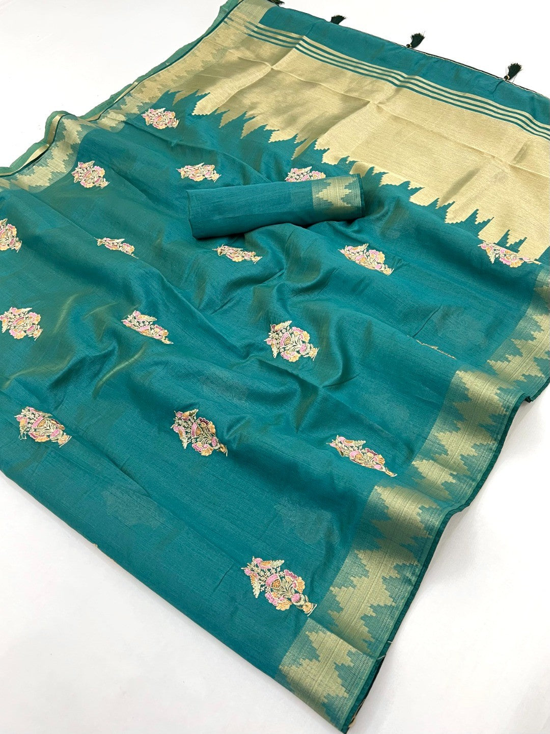 Refreshing Teal Cotton Blend Saree Highlighted By Intricate Floral Embroidery & Zari Weaving - Image 2