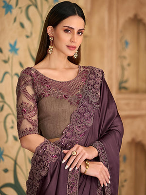Party Perfect Burgundy Chiffon Saree with Shimmering Sequin and Thread Embroidery - Image 2