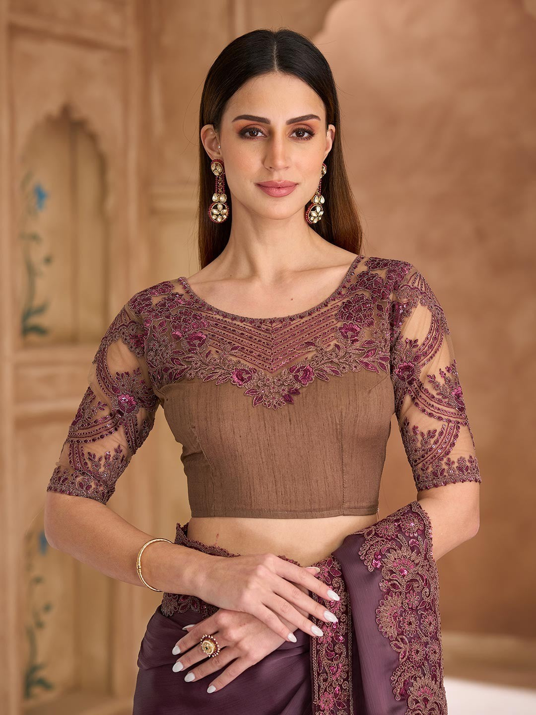 Party Perfect Burgundy Chiffon Saree with Shimmering Sequin and Thread Embroidery - Image 3