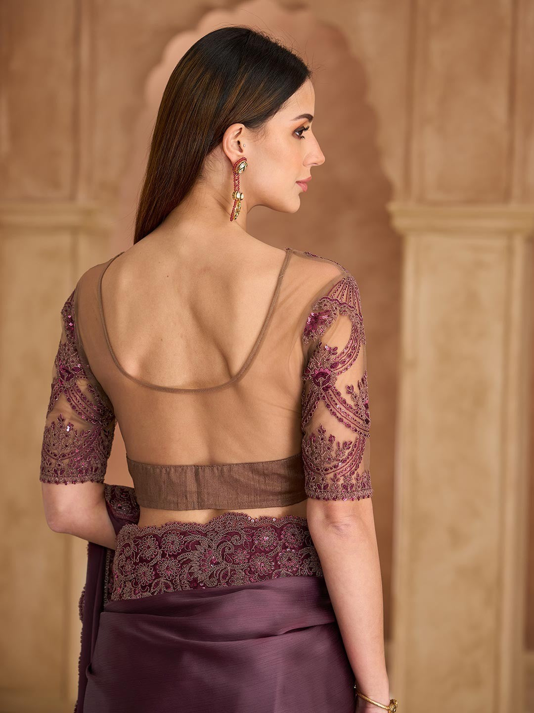 Party Perfect Burgundy Chiffon Saree with Shimmering Sequin and Thread Embroidery - Image 2