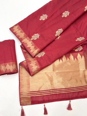 Refreshing Red Cotton Blend Saree Highlighted By Intricate Floral Embroidery & Zari Weaving - Image 2