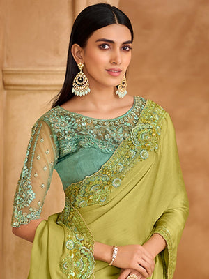 Party Perfect Pista Green Chiffon Saree with Shimmering Sequin and Thread Embroidery - Image 2