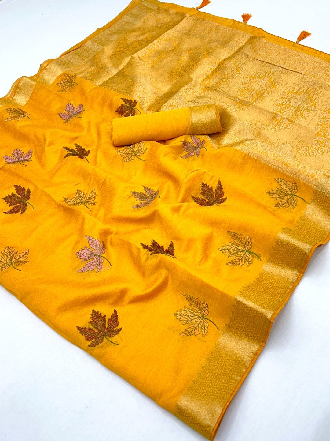 Sophisticated Yellow Cotton Blend Saree Enhanced With Leaf Embroidery & Lustrous Zari Weaving - Image 2