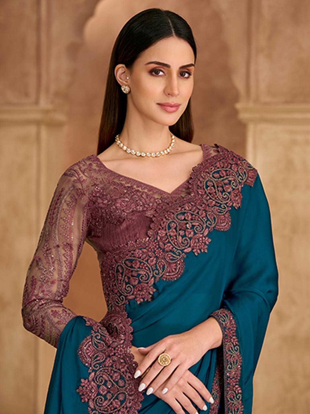 Party Perfect Teal Chiffon Saree with Shimmering Sequin and Thread Embroidery - Image 4