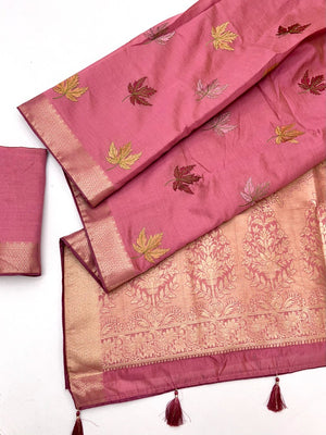 Sophisticated Pink Cotton Blend Saree Enhanced With Leaf Embroidery & Lustrous Zari Weaving - Image 2