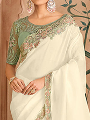 Party Perfect White Chiffon Saree with Shimmering Sequin and Thread Embroidery - Image 2