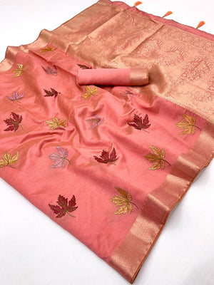 Sophisticated Coral Pink Cotton Blend Saree Enhanced With Leaf Embroidery & Lustrous Zari Weaving - Image 2