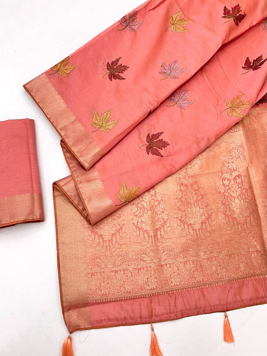 Sophisticated Coral Pink Cotton Blend Saree Enhanced With Leaf Embroidery & Lustrous Zari Weaving - Image 3