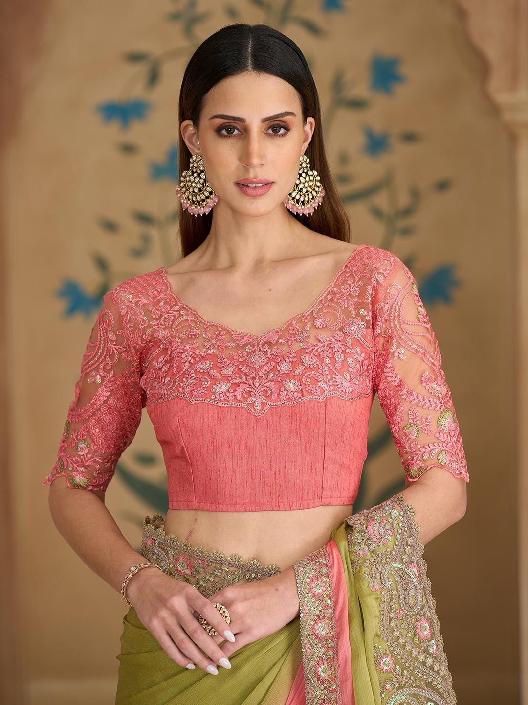 Party Perfect Pista Green Georgette Saree with Shimmering Sequin and Thread Embroidery - Image 3