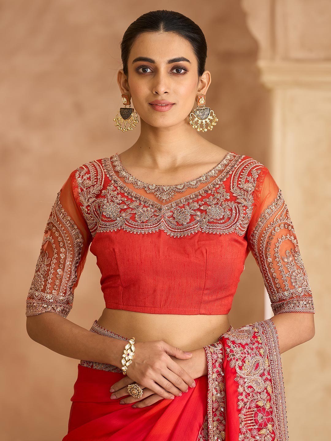 Party Perfect Red Chiffon Saree with Shimmering Sequin and Thread Embroidery - Image 3