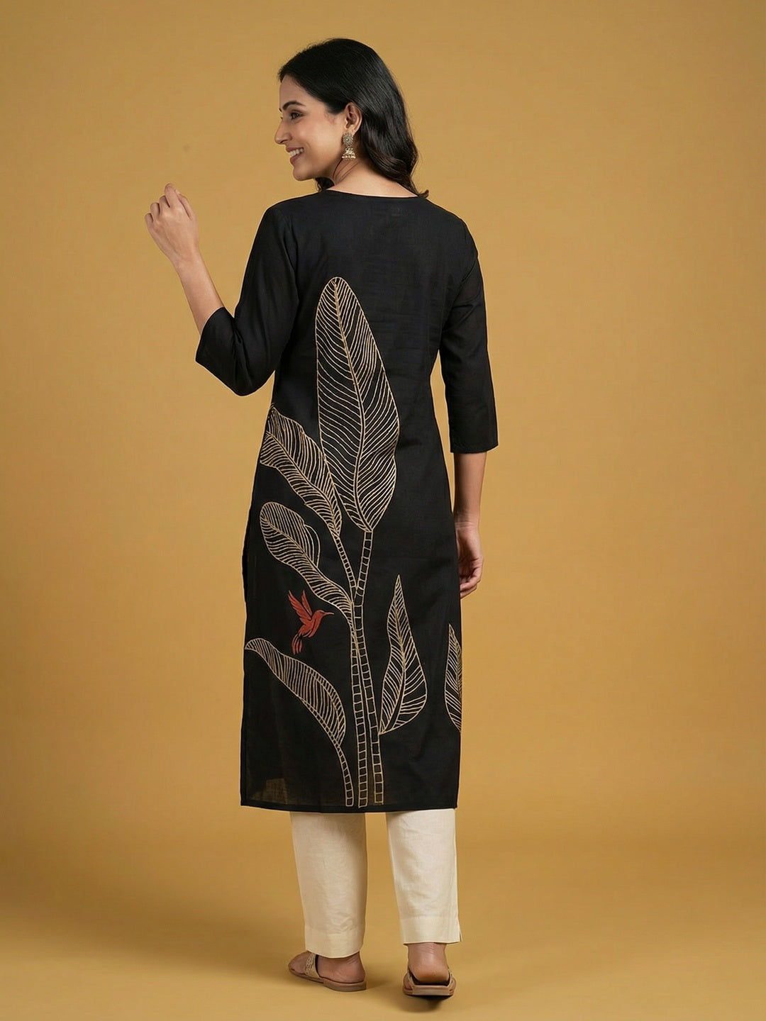 Black Pure Cotton Kurti with Leaf Print Design and Timeless Minimal Styling - Image 4
