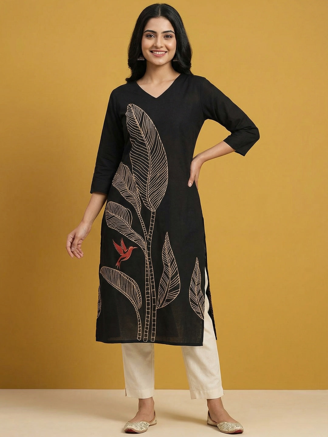 Black Pure Cotton Kurti with Leaf Print Design and Timeless Minimal Styling - Image 1