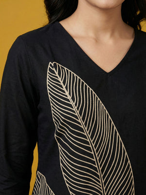 Black Pure Cotton Kurti with Leaf Print Design and Timeless Minimal Styling - Image 2