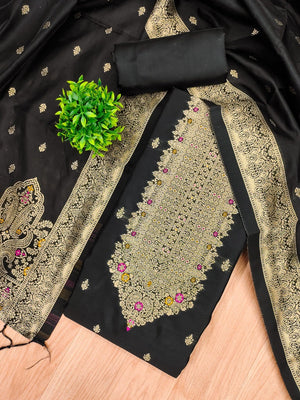 Premium Black Banarasi Silk Dress Material With Opulent Floral & Paisley Motif Zari Weaving - Image 1