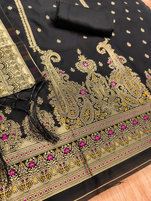 Premium Black Banarasi Silk Dress Material With Opulent Floral & Paisley Motif Zari Weaving - Image 2