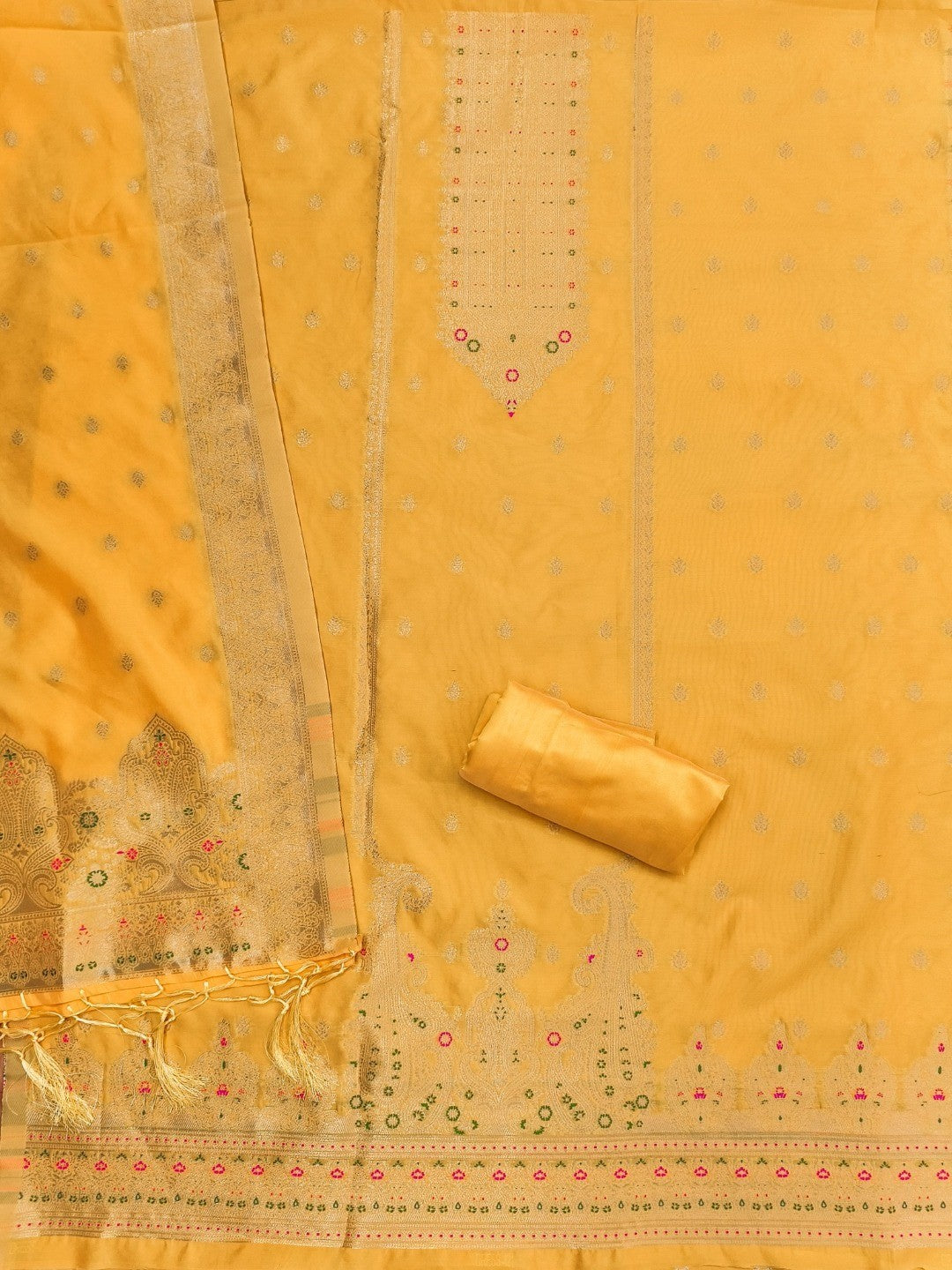 Premium Yellow Banarasi Silk Dress Material With Opulent Floral & Paisley Motif Zari Weaving - Image 3