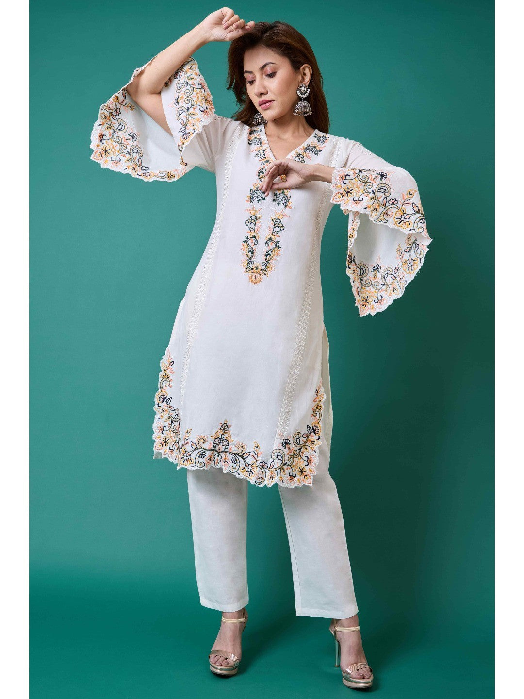 White Floral Embroidery Pure Cotton Co-Ord Set - Image 1