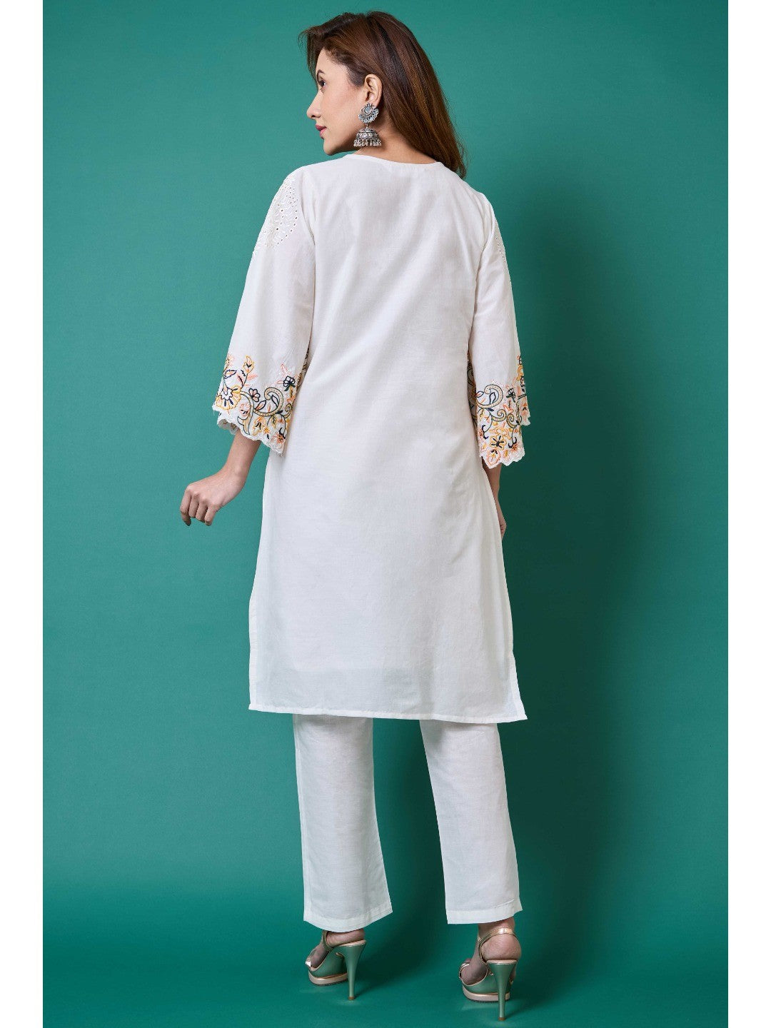 White Floral Embroidery Pure Cotton Co-Ord Set - Image 2