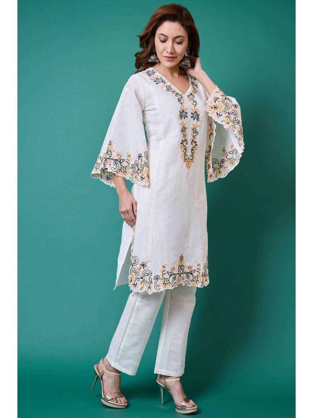 White Floral Embroidery Pure Cotton Co-Ord Set - Image 7