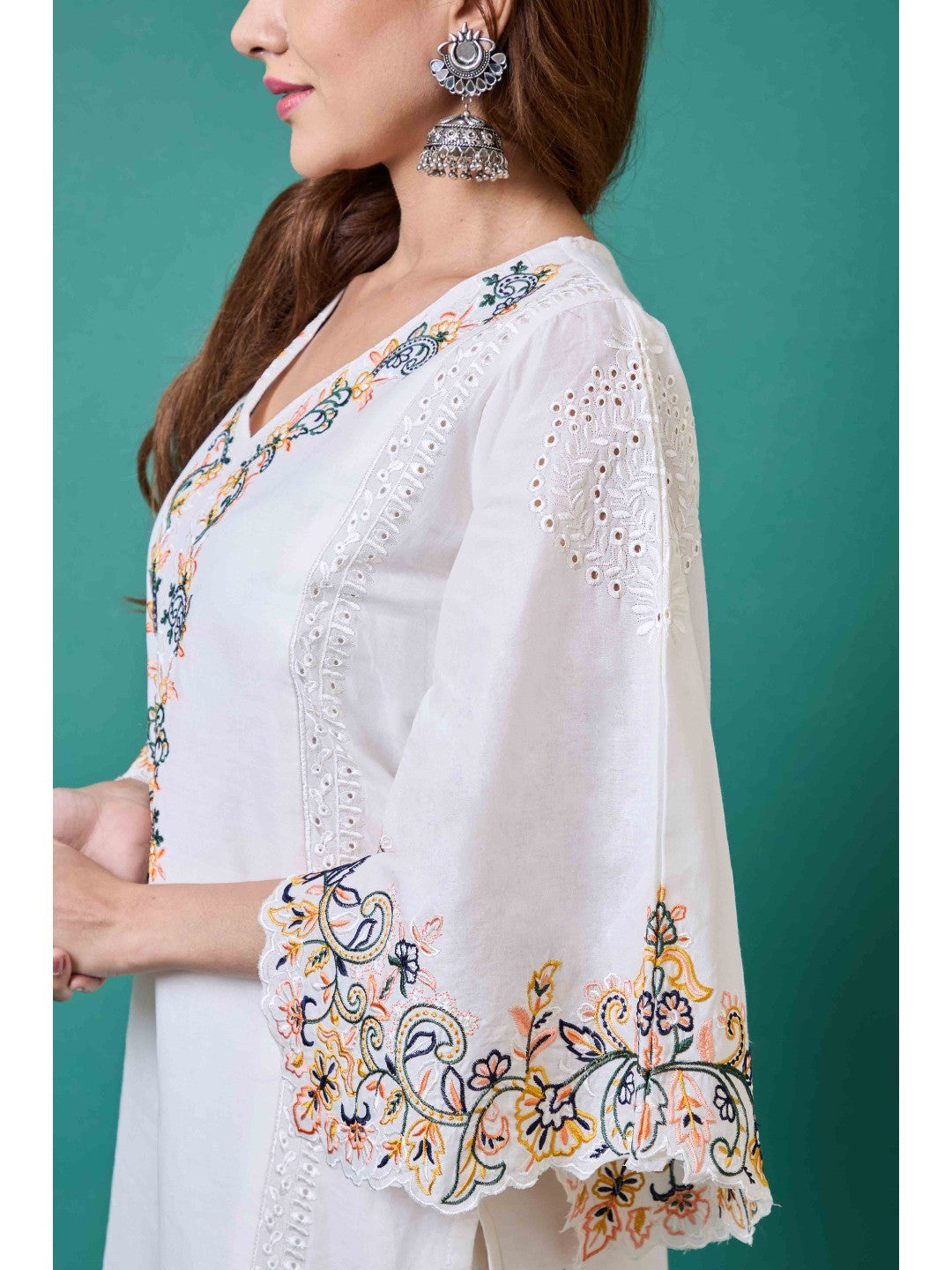 White Floral Embroidery Pure Cotton Co-Ord Set - Image 6