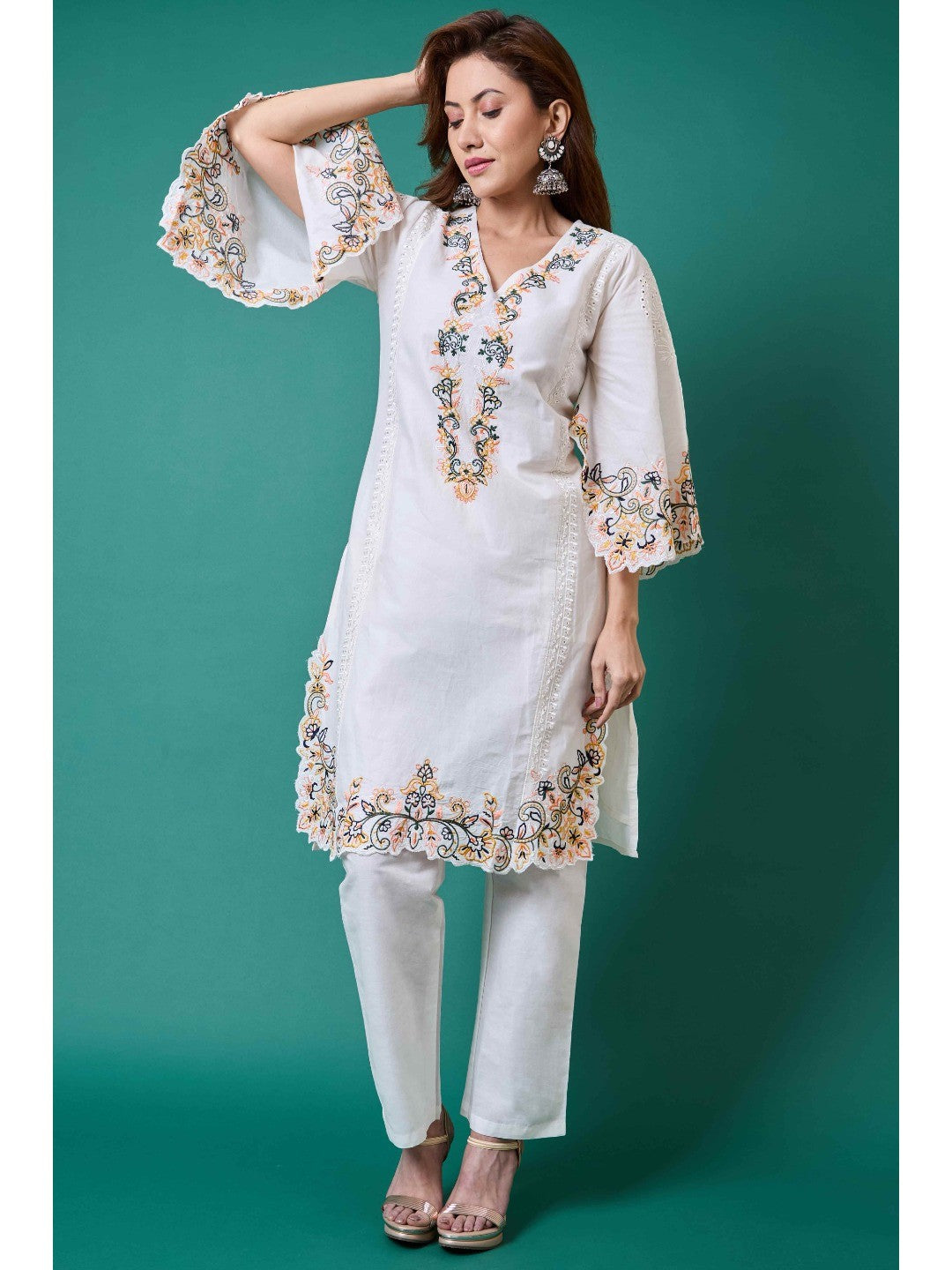 White Floral Embroidery Pure Cotton Co-Ord Set - Image 3