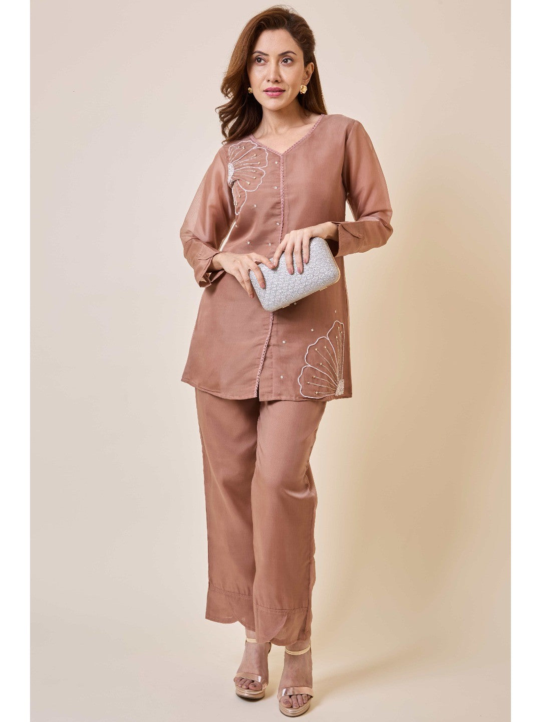 Brown Floral Embroidery Organza Co-Ord Set - Image 1