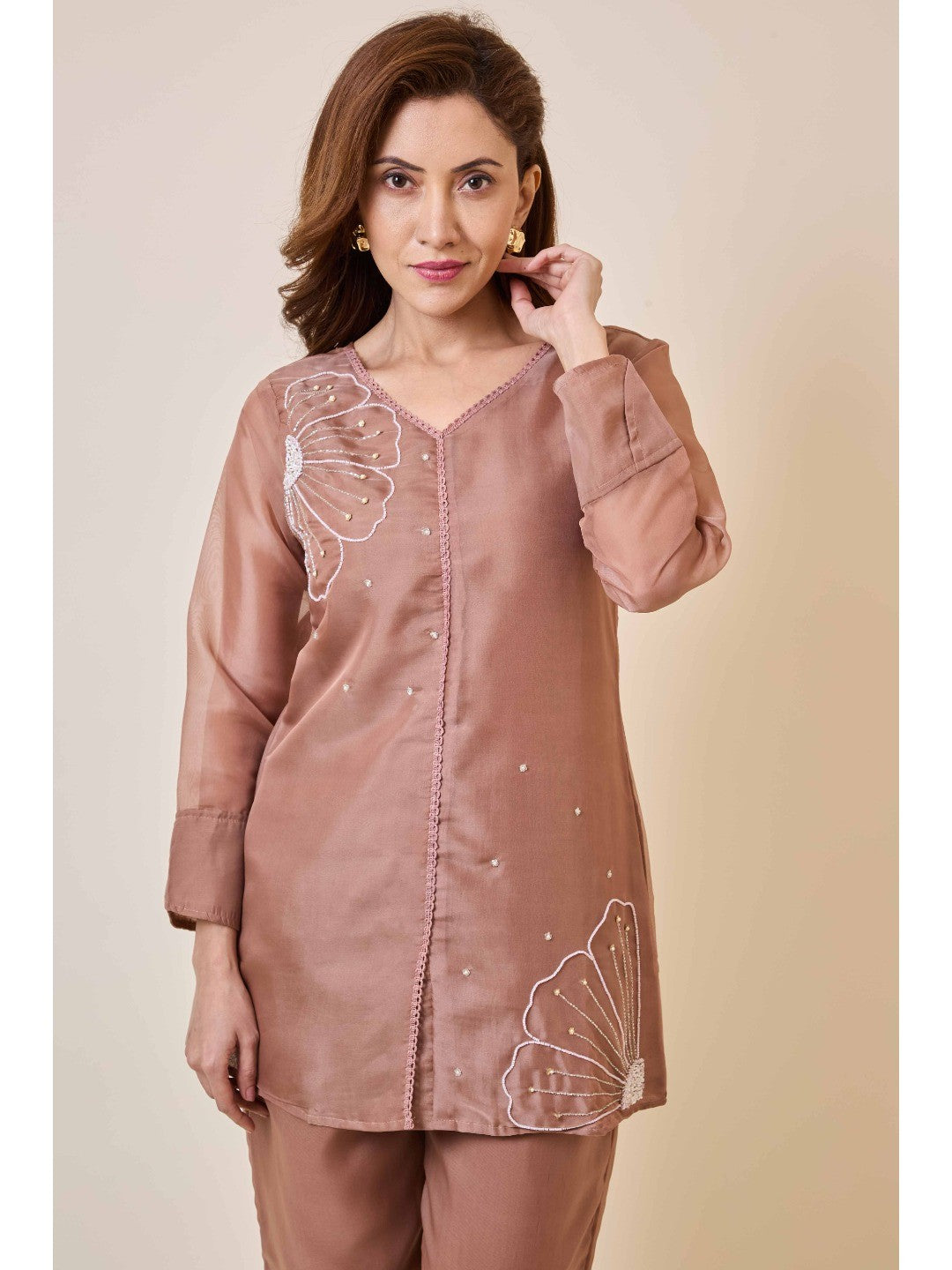 Brown Floral Embroidery Organza Co-Ord Set - Image 9