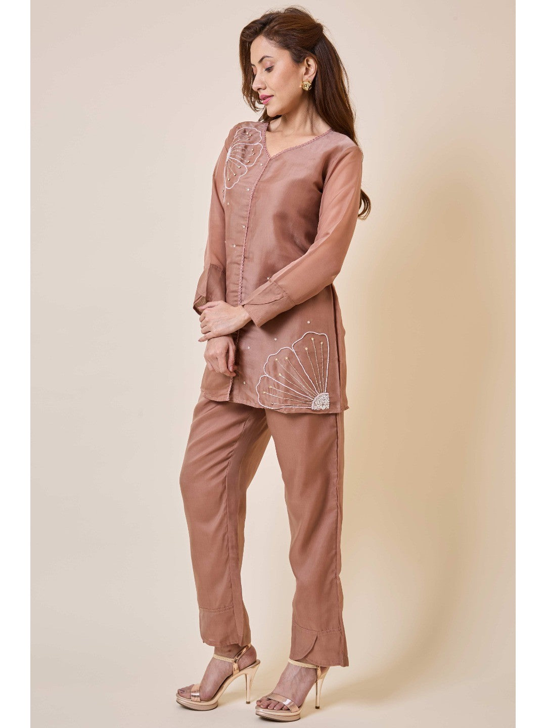 Brown Floral Embroidery Organza Co-Ord Set - Image 6