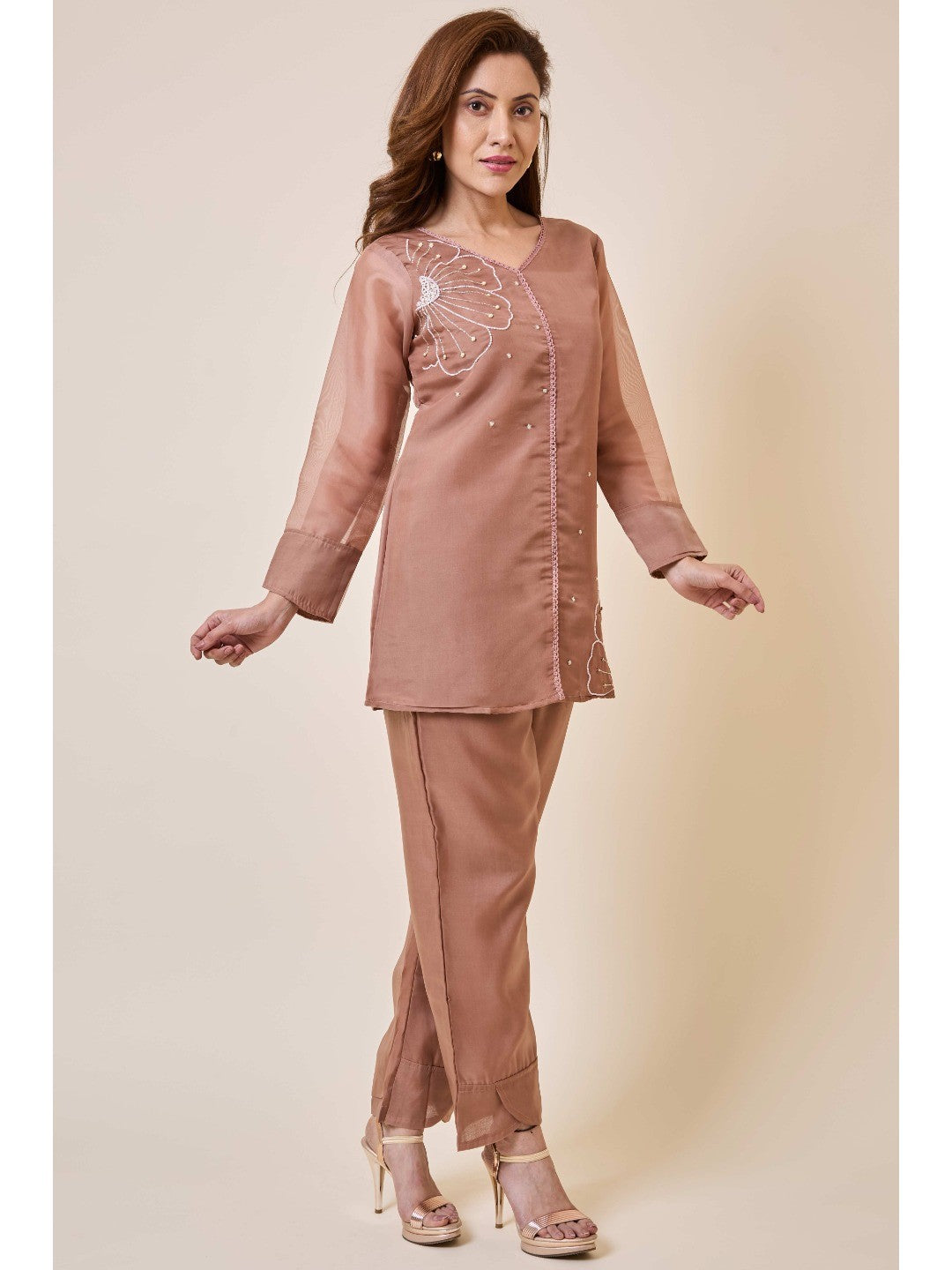 Brown Floral Embroidery Organza Co-Ord Set - Image 7