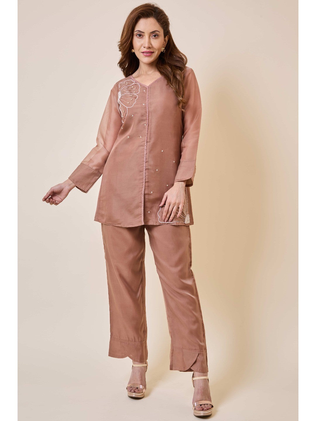 Brown Floral Embroidery Organza Co-Ord Set - Image 4