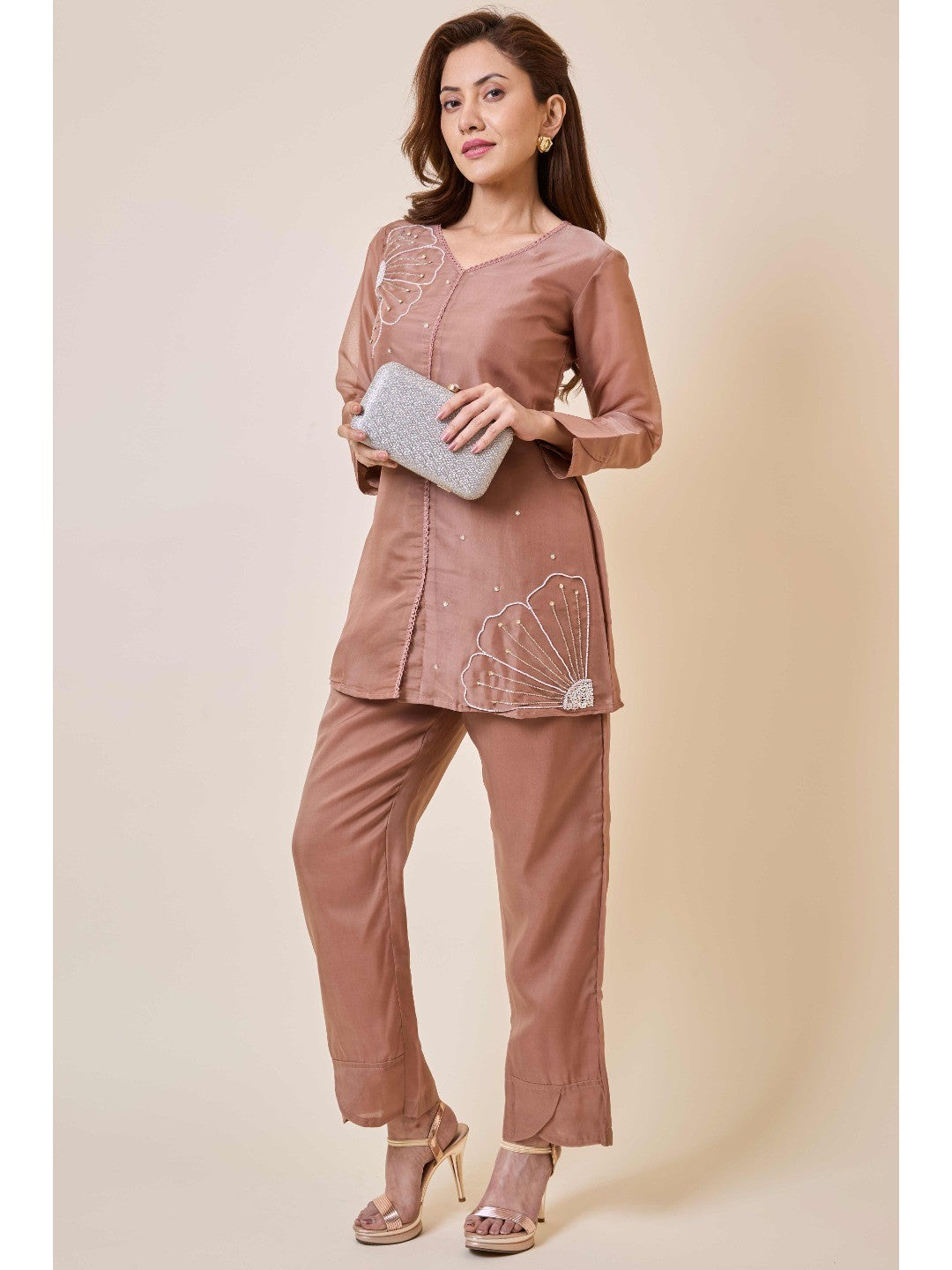 Brown Floral Embroidery Organza Co-Ord Set - Image 5
