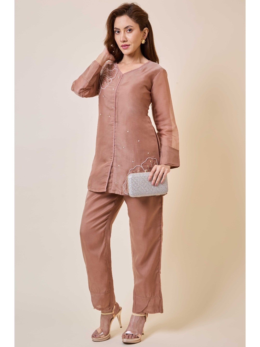 Brown Floral Embroidery Organza Co-Ord Set - Image 3