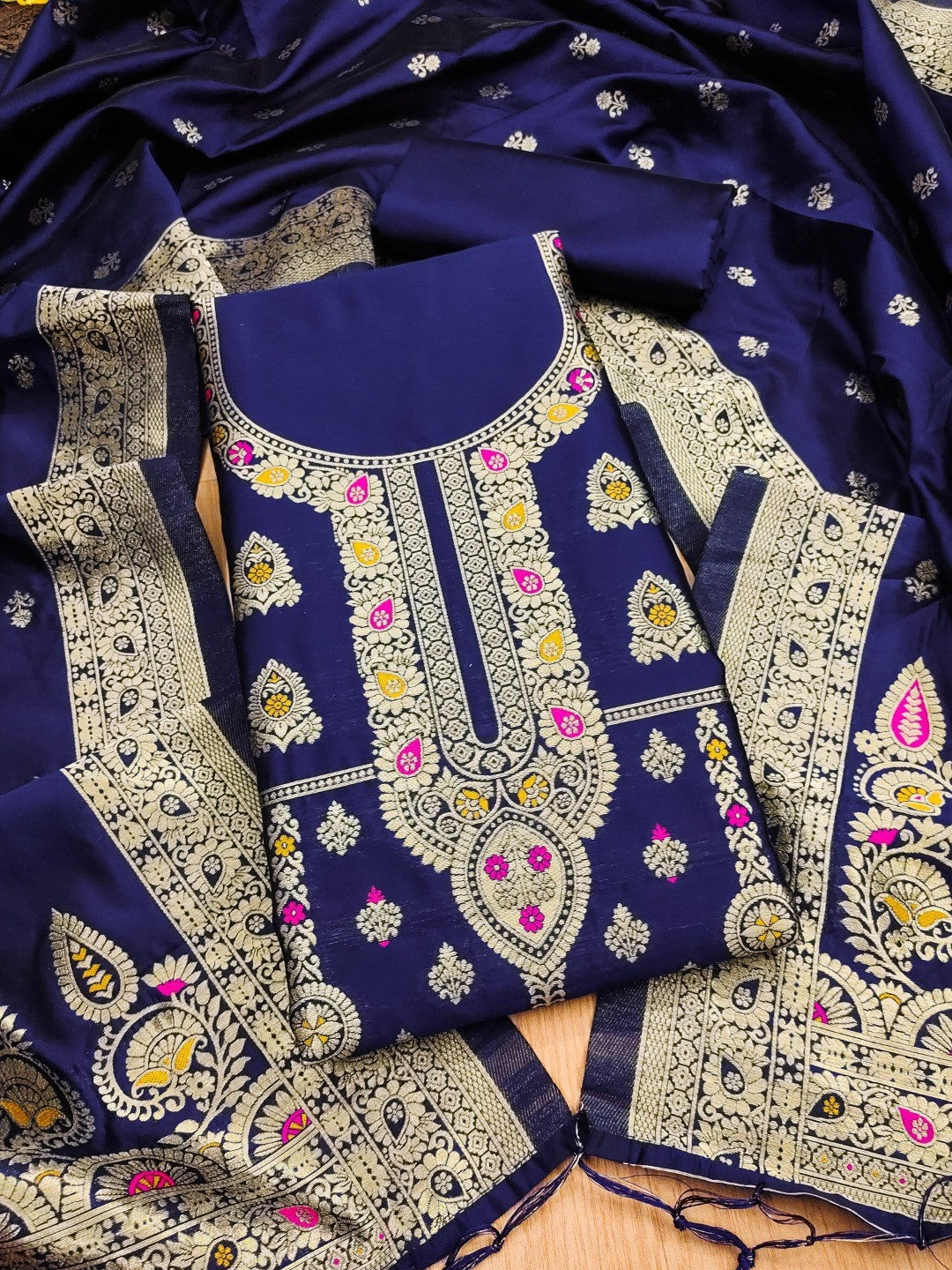 Luxurious Navy Blue Banarasi Silk Dress Material Showcasing Rich Floral Zari Weaving Design - Image 4
