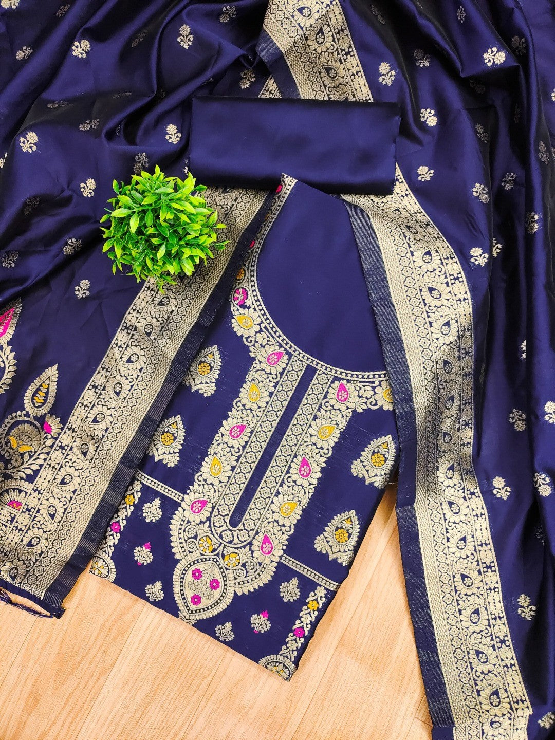 Luxurious Navy Blue Banarasi Silk Dress Material Showcasing Rich Floral Zari Weaving Design - Image 1
