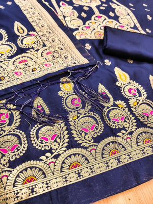 Luxurious Navy Blue Banarasi Silk Dress Material Showcasing Rich Floral Zari Weaving Design - Image 2