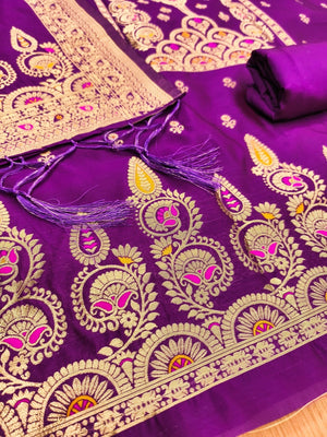 Luxurious Purple Banarasi Silk Dress Material Showcasing Rich Floral Zari Weaving Design - Image 2