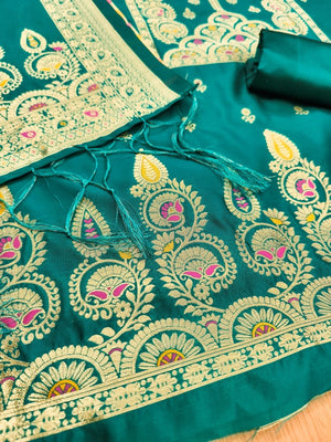Luxurious Rama Blue Banarasi Silk Dress Material Showcasing Rich Floral Zari Weaving Design - Image 2