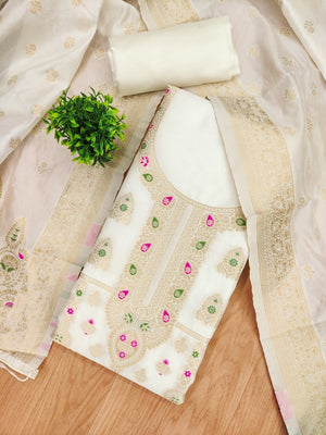 Luxurious Offwhtie Banarasi Silk Dress Material Showcasing Rich Floral Zari Weaving Design - Image 1