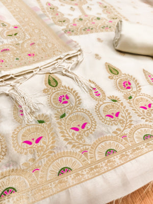 Luxurious Offwhtie Banarasi Silk Dress Material Showcasing Rich Floral Zari Weaving Design - Image 2