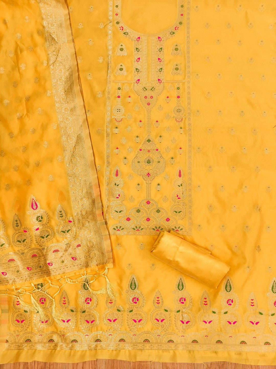 Luxurious Yellow Banarasi Silk Dress Material Showcasing Rich Floral Zari Weaving Design - Image 3