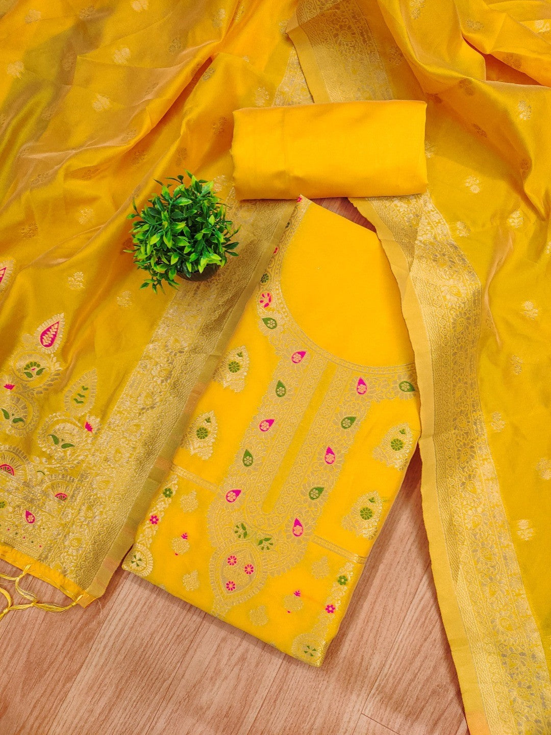 Luxurious Yellow Banarasi Silk Dress Material Showcasing Rich Floral Zari Weaving Design - Image 2