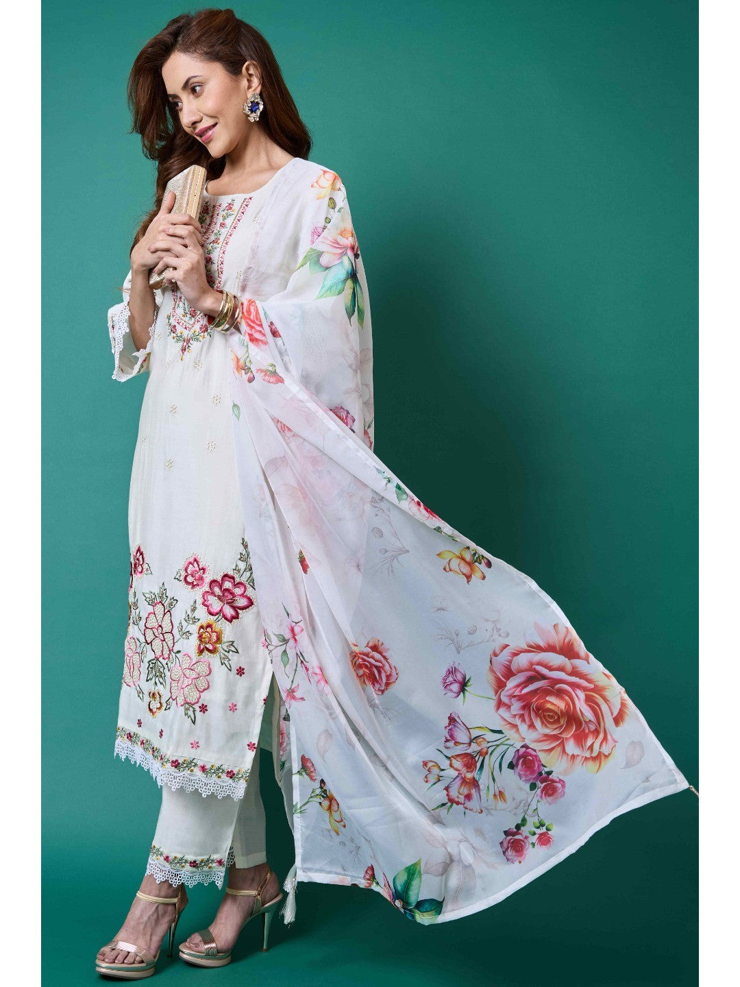 White Floral Embroidered Chanderi Silk Salwar Suit - Image 1