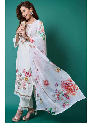 White Floral Embroidered Chanderi Silk Salwar Suit - Image 1