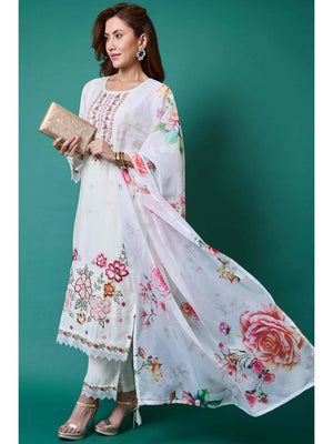 White Floral Embroidered Chanderi Silk Salwar Suit - Image 2