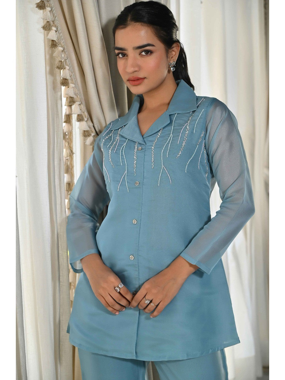 Light Blue Beads Work Embroidered Organza Co-Ord Set - Image 8