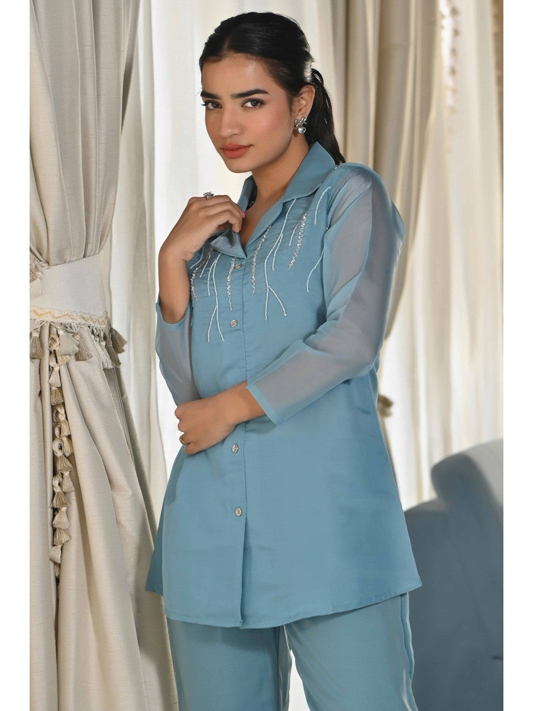 Light Blue Beads Work Embroidered Organza Co-Ord Set - Image 4