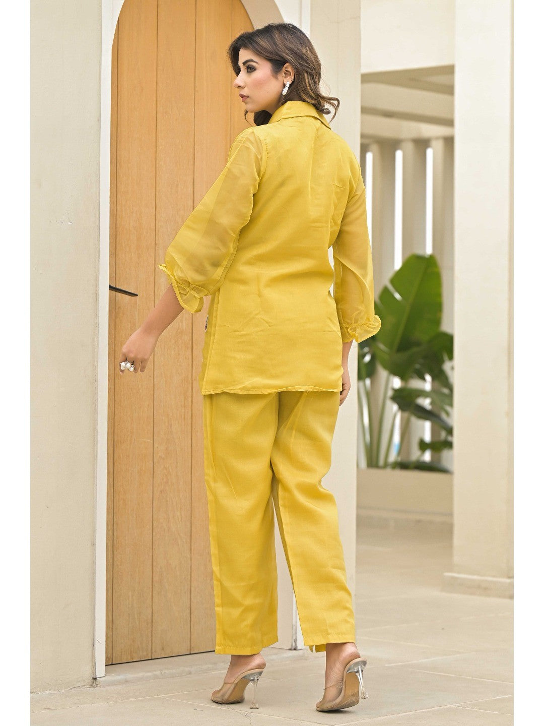 Mustard Floral Hand Embroidered Organza Co-Ord Set - Image 8