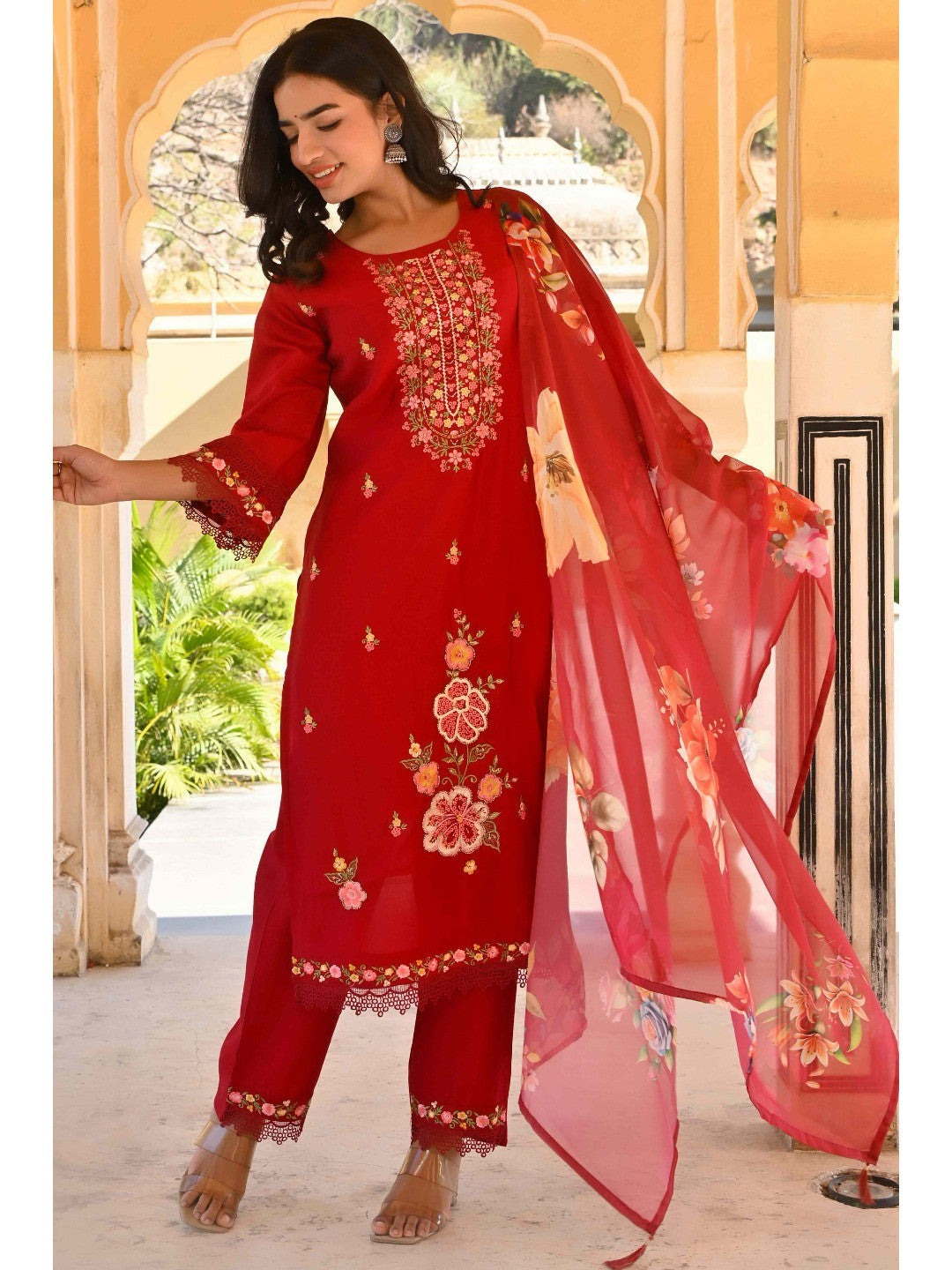 Maroon Floral Embroidered Chanderi Silk Salwar Suit - Image 1