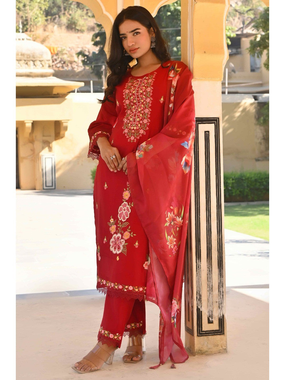 Maroon Floral Embroidered Chanderi Silk Salwar Suit - Image 3